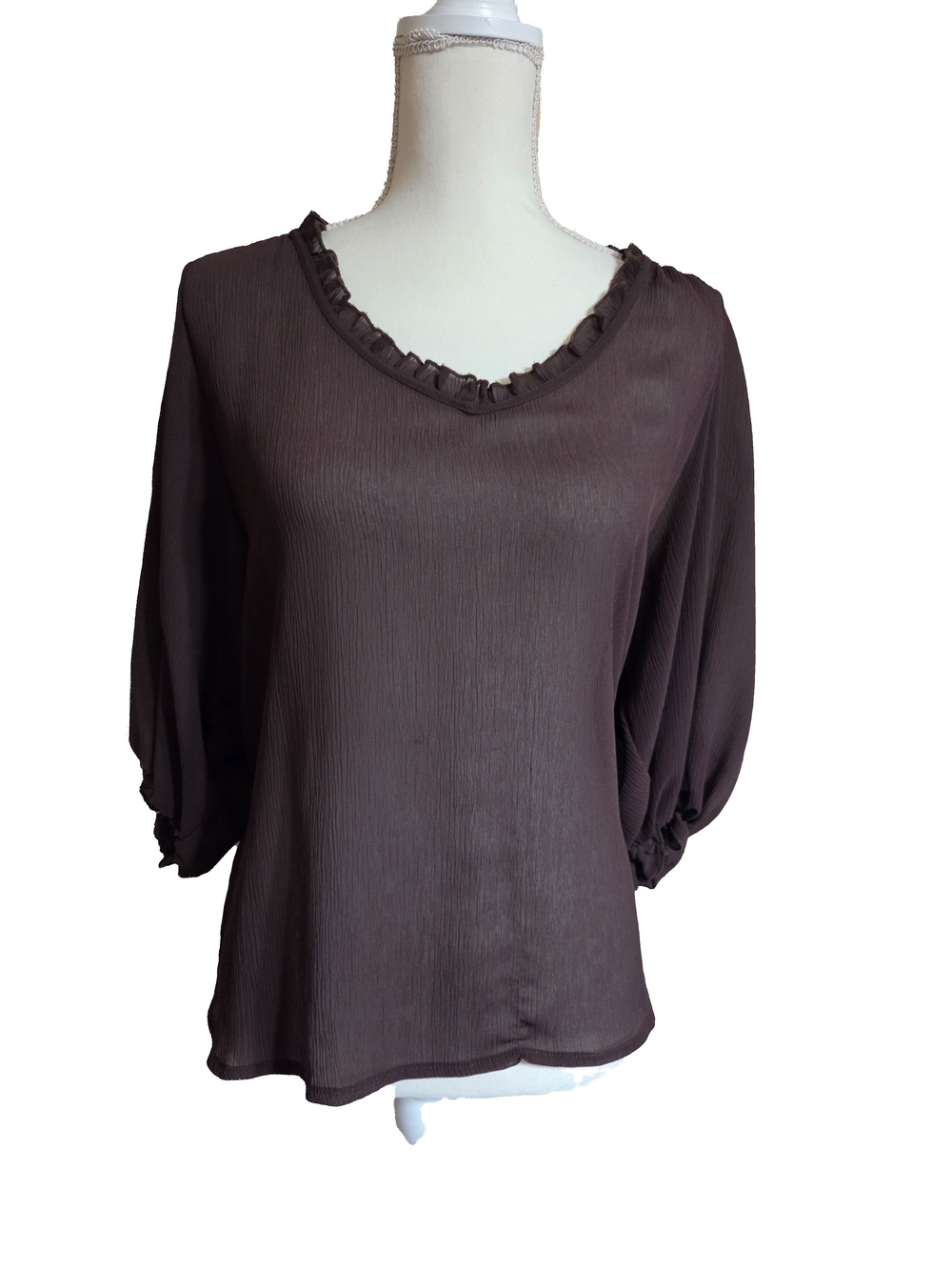 Oleg Cassini Brown Ruffle Neck Peasant Blouse